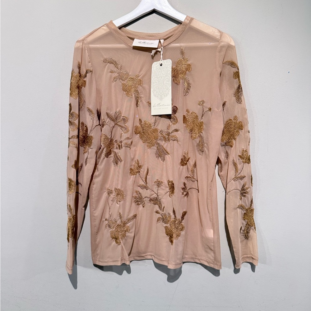 NWT LaBellum Hillary Scott Top Embroidered Floral Sheer Party Cocktail Women M